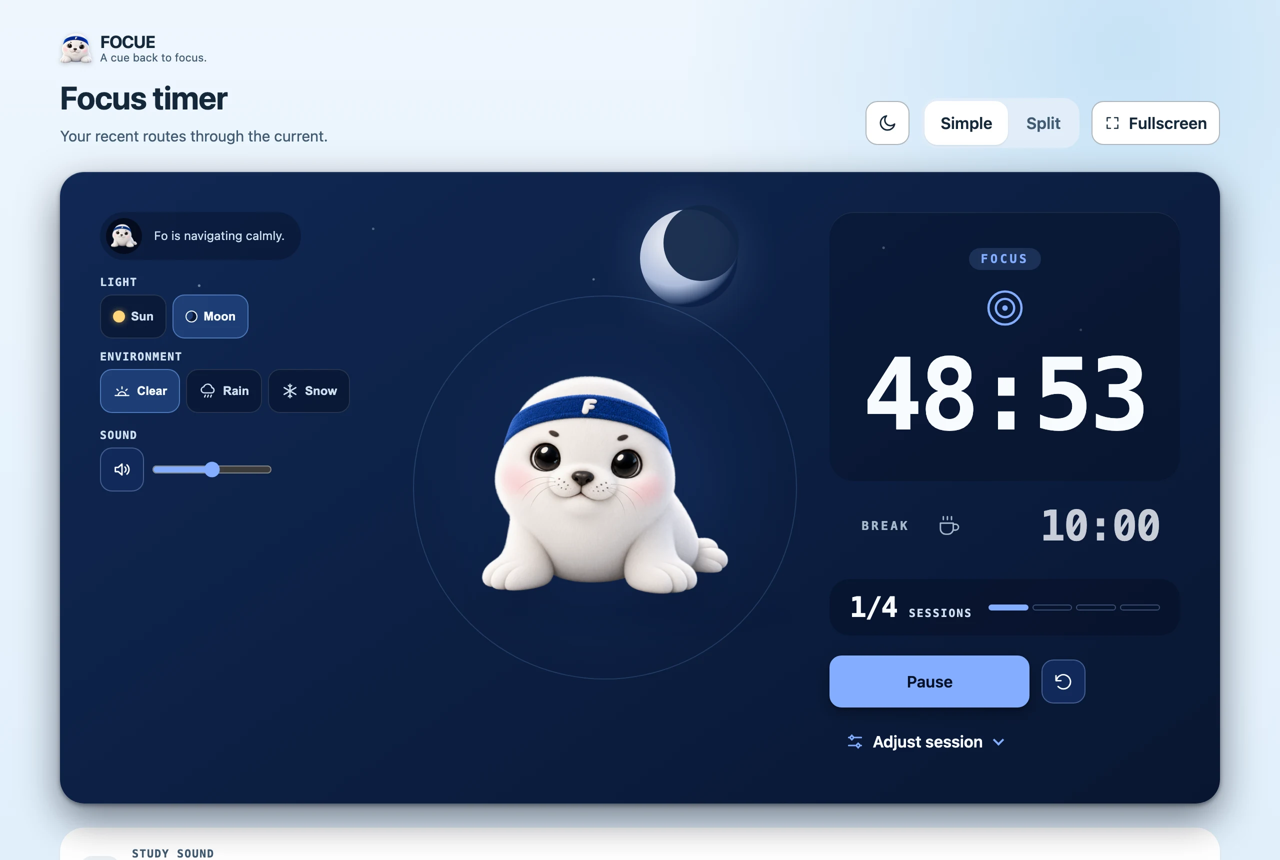The Focue focus page: Fo above a large timer, with light, weather and sound controls.
