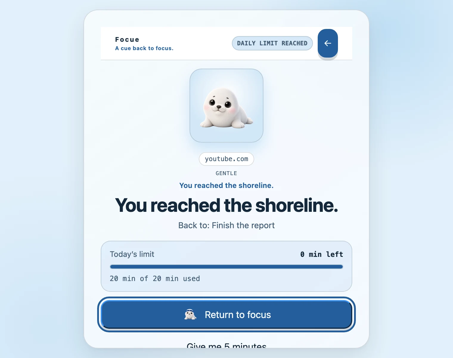 The limit screen shown on a tracked site when the daily limit is reached.