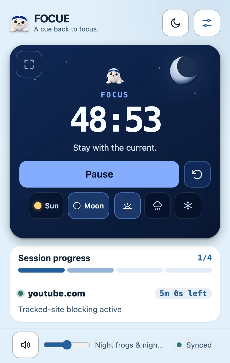 The Focue popup: a focus timer at 48:55 over a night sky, session progress and the tracked site youtube.com with 5 minutes left.