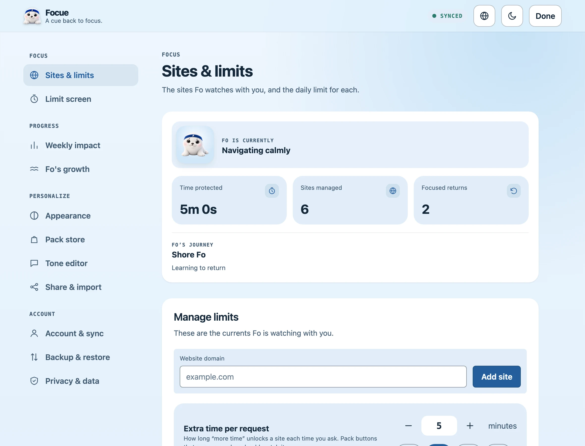 Sites and limits settings with a list of tracked sites and a field to add another domain.