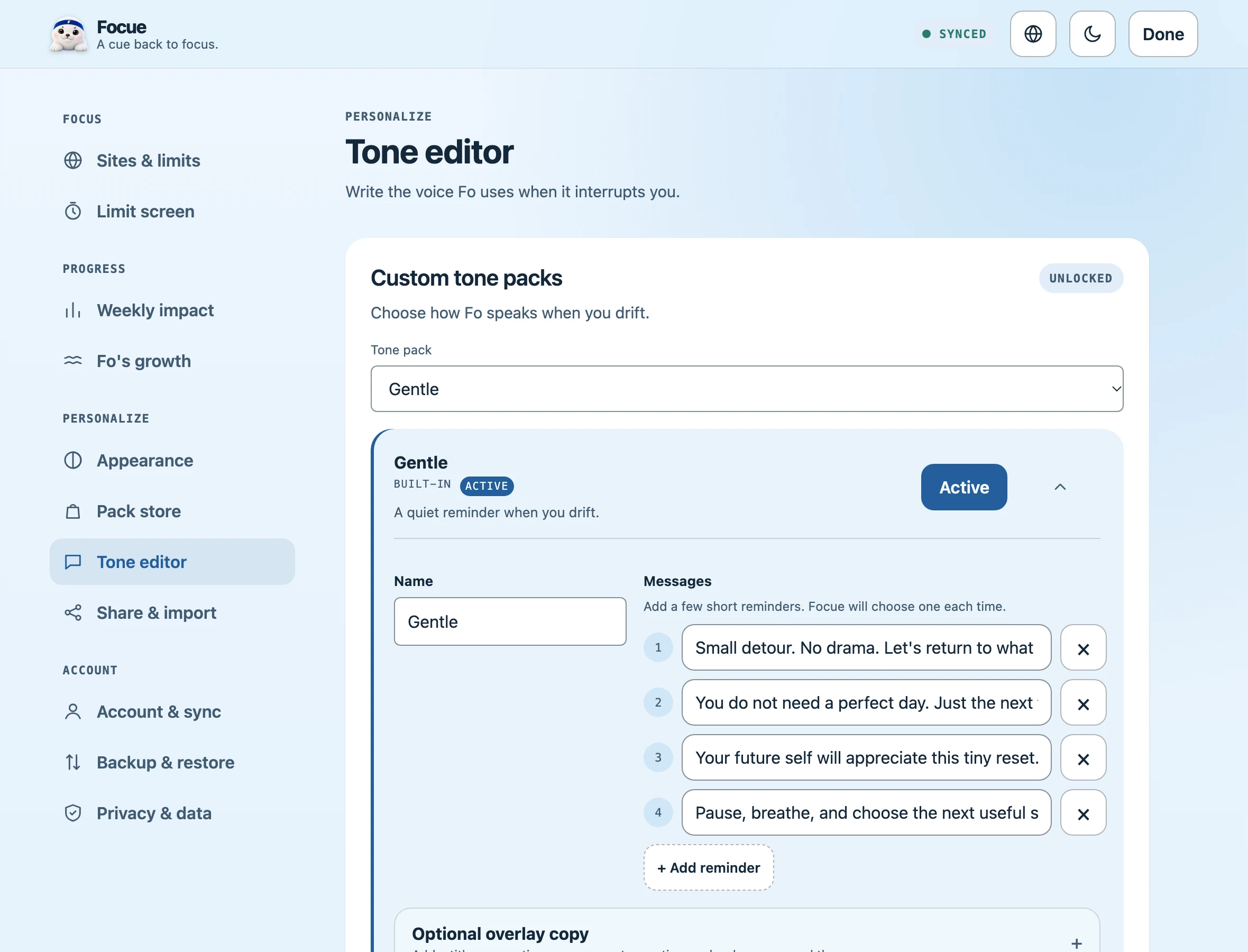 The tone editor with the Gentle, Playful and Direct packs and the form for creating your own.